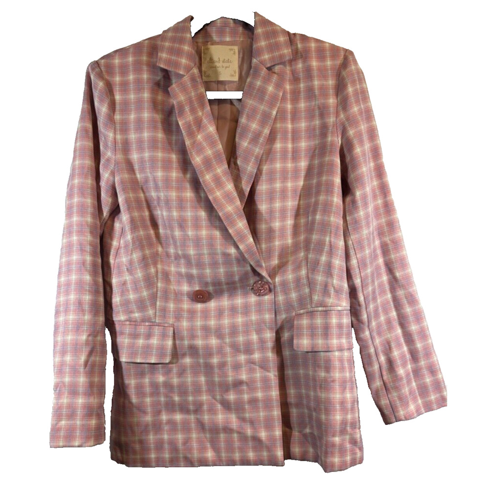 Altar'd State Blazer Jacket Women S Pink Plaid Button Front Long Slv Lined D25